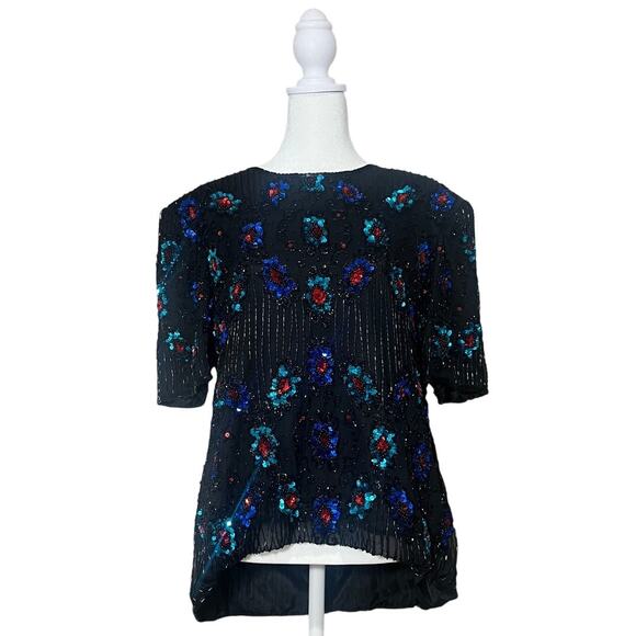 Vintage Stenay Beaded Sequined Embellished Short Sleeve 100% Silk Top Size XL - Picture 2 of 9